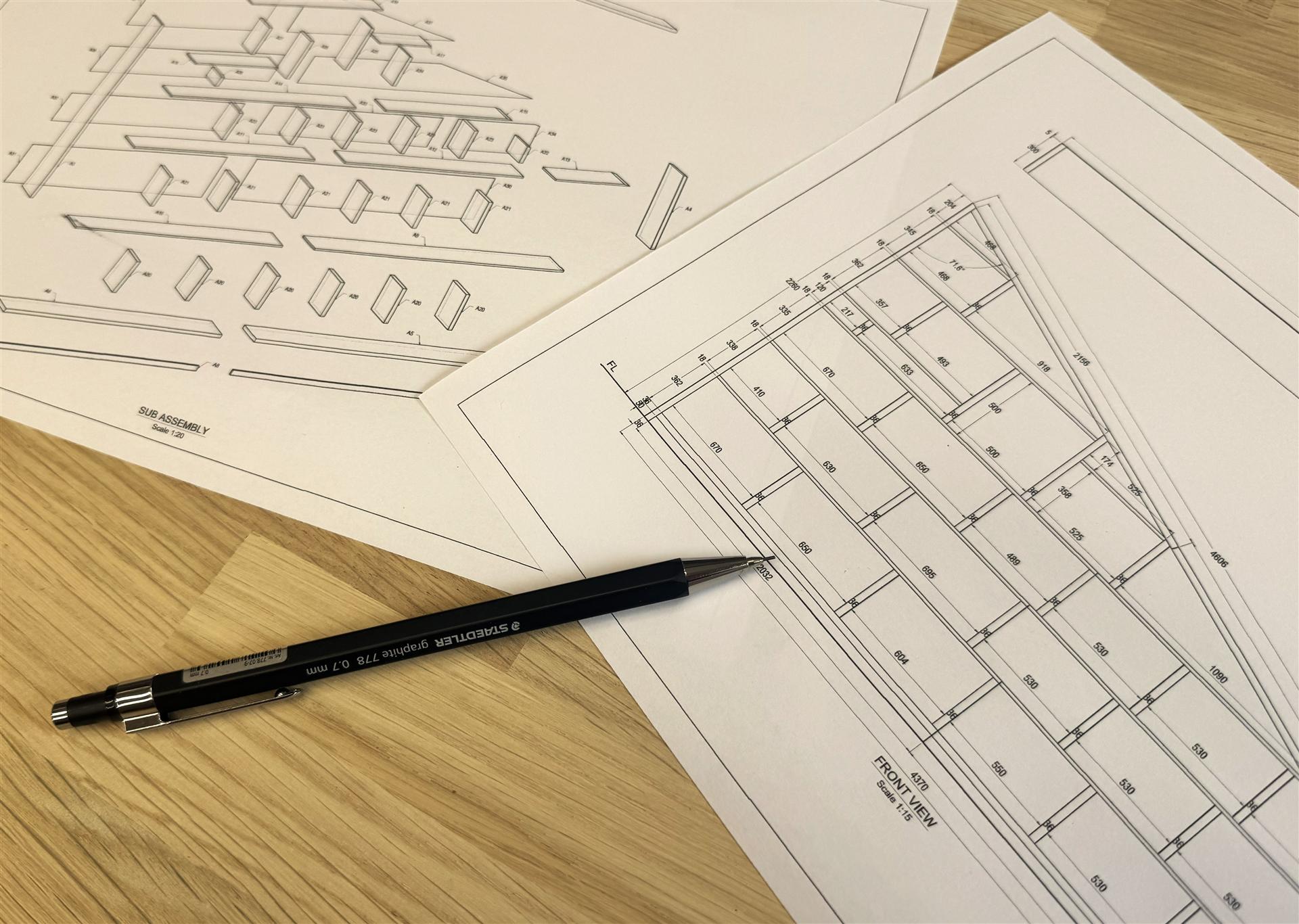 Dimensioned CAD shop drawings for a bespoke fitted furniture project