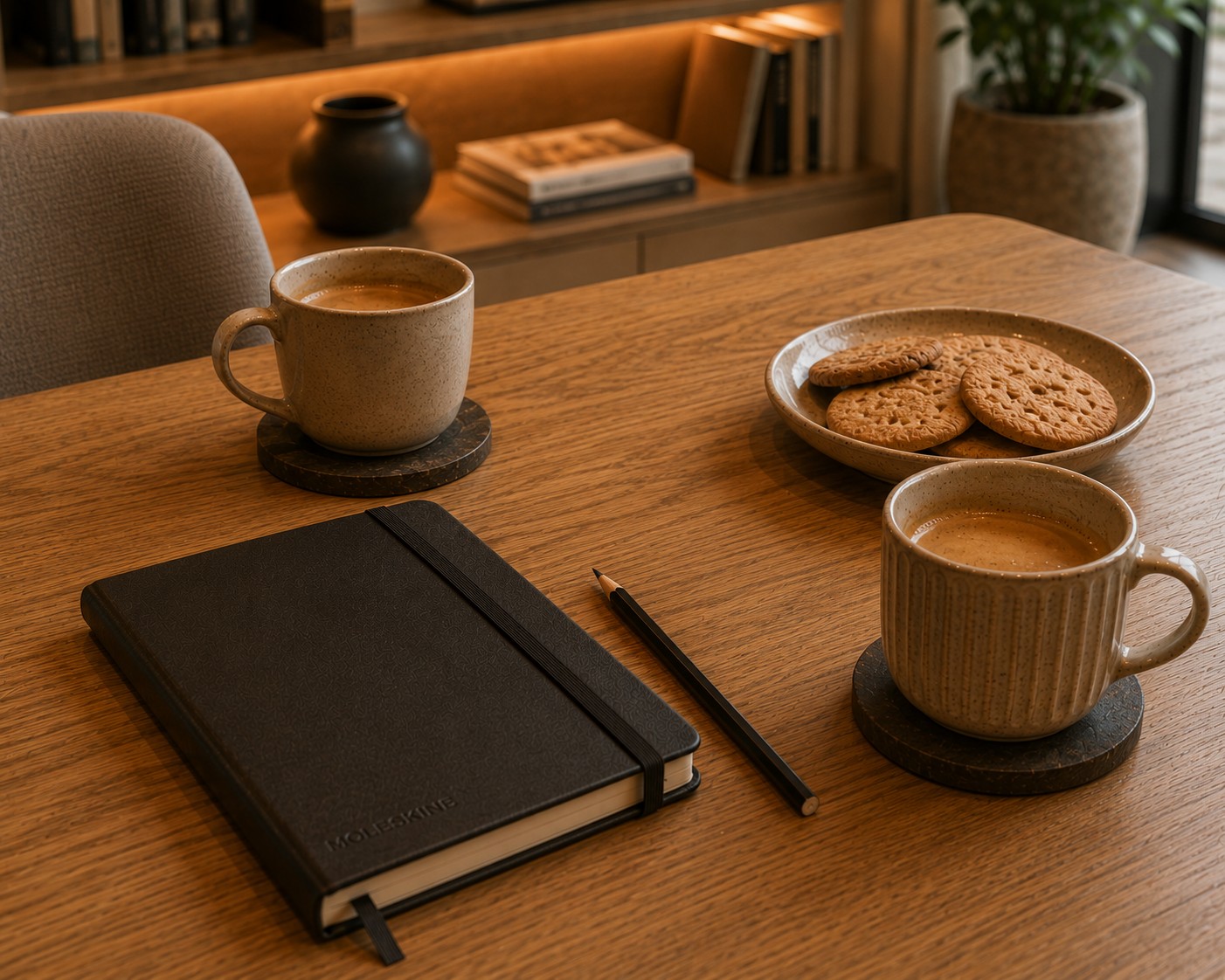 Notebook, pencil and coffee — an initial consultation about a fitted furniture project